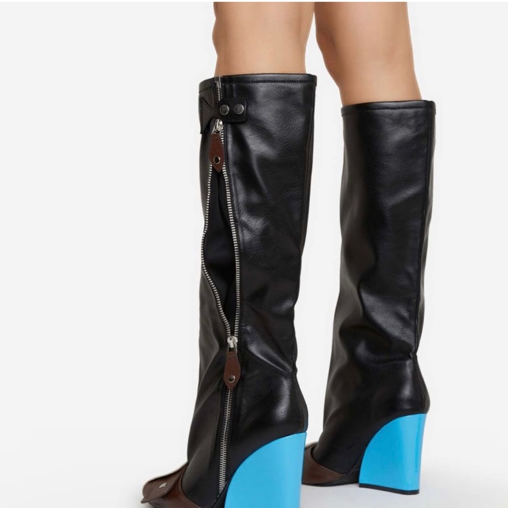 Senna buckle detail square toe blue wedge heeled boot in black faux leather